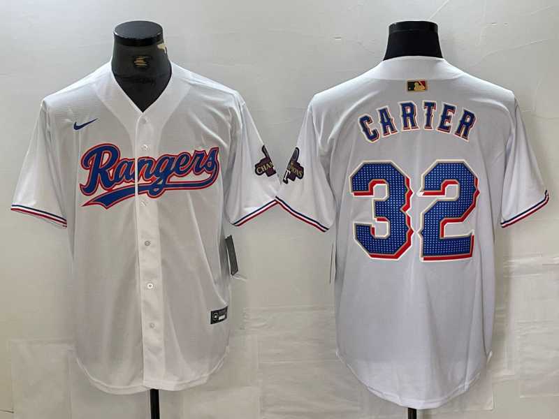 Men%27s Texas Rangers #32 Evan Carter White 2023 World Series Champions Cool Base Jersey